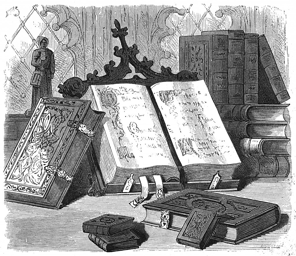 Engraving of fancy book on a stand surrounded by other books