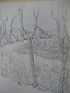 A preliminary sketch of what will later become a wood engraving entitled, "A Shining Ribbon of Water"