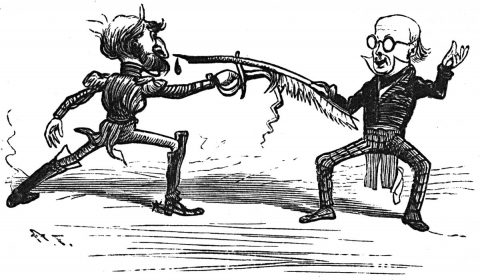 two men fencing, with pen versus sword