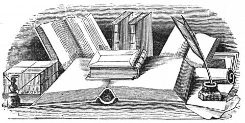 Books, inkwell and quill pen displayed on table.