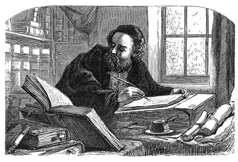 man copying from a book using a quill