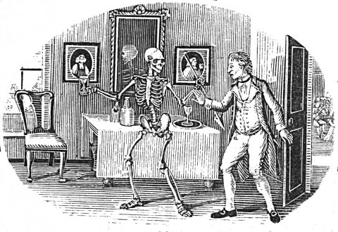 Skeleton and man in front of table.