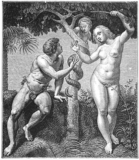 Adam, Eve and serpent in the Garden of Eden