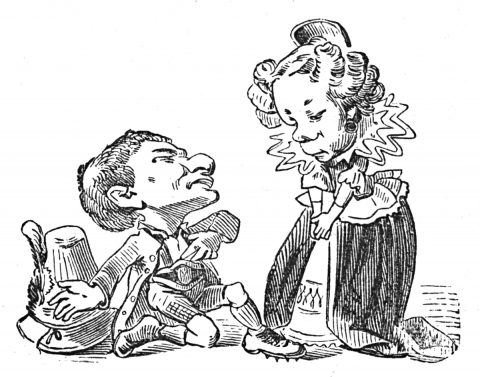 man kneeling in front of downcast woman