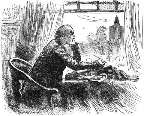 scholar sitting at writing desk and gazing out the window