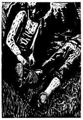 engraving of fishing line wrapped around Thomson's ankle
