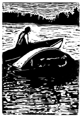 Engraving of tipped canoe