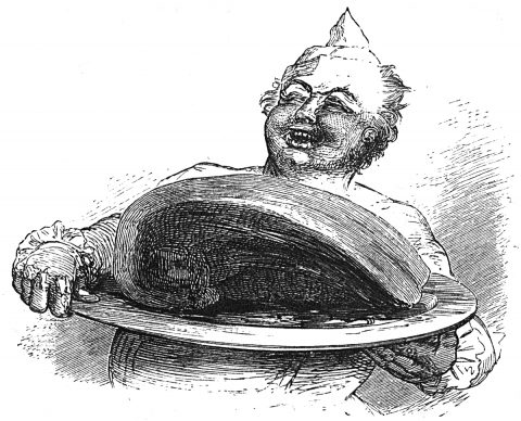 Laughing man holding large platter containing roast meat.