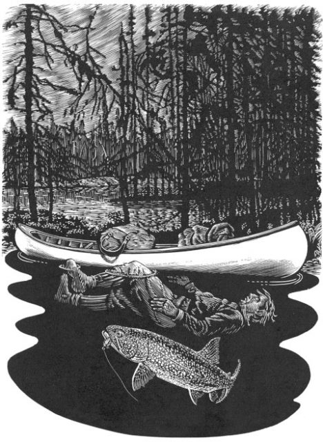 Tom Thompson depicted fallen on his back next to a canoe in the forest near a body of water.