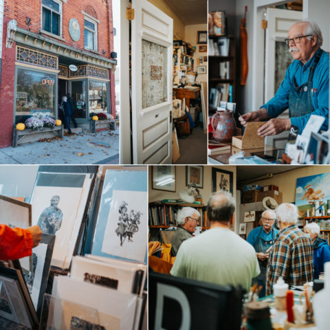 Top from left: storefront, front door of print shop, Wesley Bates behind counter. Bottom from left: perusing Wesley's wood engravings, Wesley discussing his craft with visitors to the open studio.