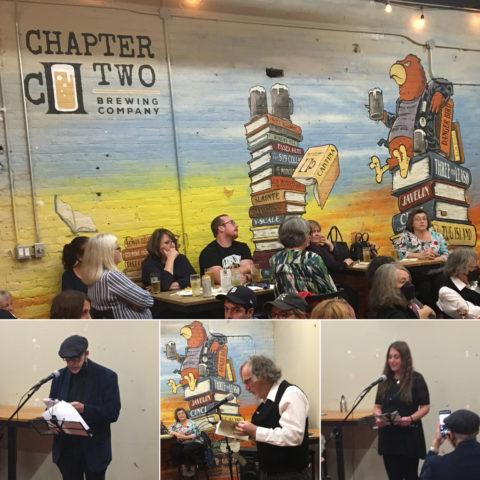 Top: the ambiance at Chapter Two Brewery, including the custom literary themed mural. Bottom from left: Karl Jirgens, Phil Hall, Anne Baldo.