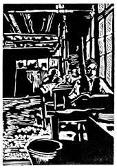 Engraving of Tom Thomson at work