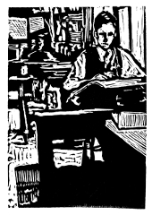 Engraving of Tom Thomson working at The Grip