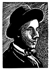Engraving of Tom Thomson wearing a pork pie hat