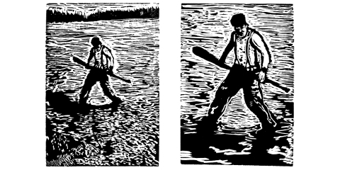 Two engravings of Thomson in canoe with paddle, demonstrating zoom effect